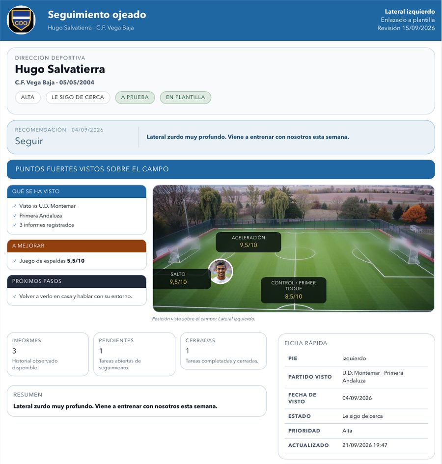Primera página del informe en PDF de un jugador ojeado