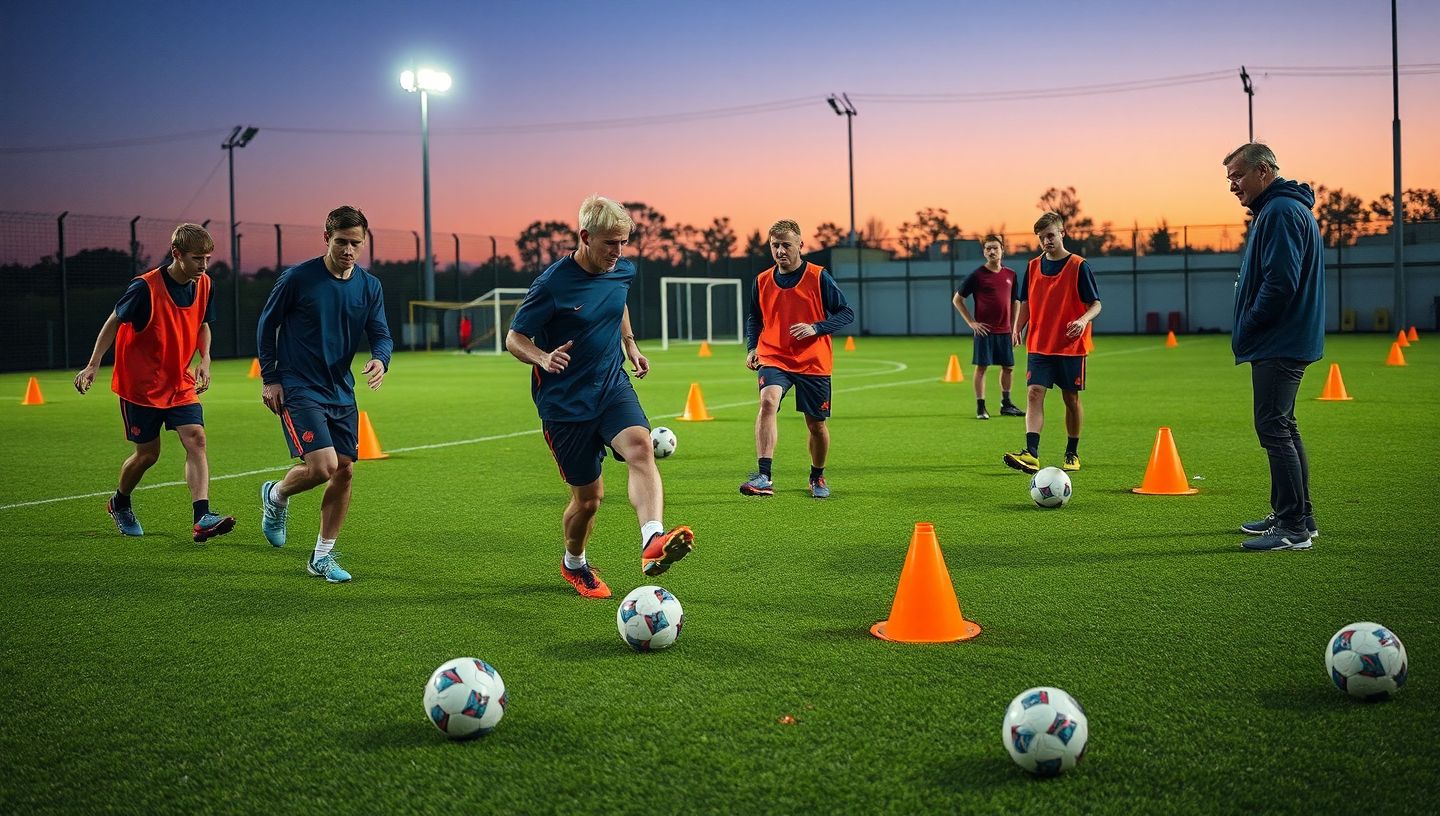 Un entrenamiento de fútbol amateur con conos y petos